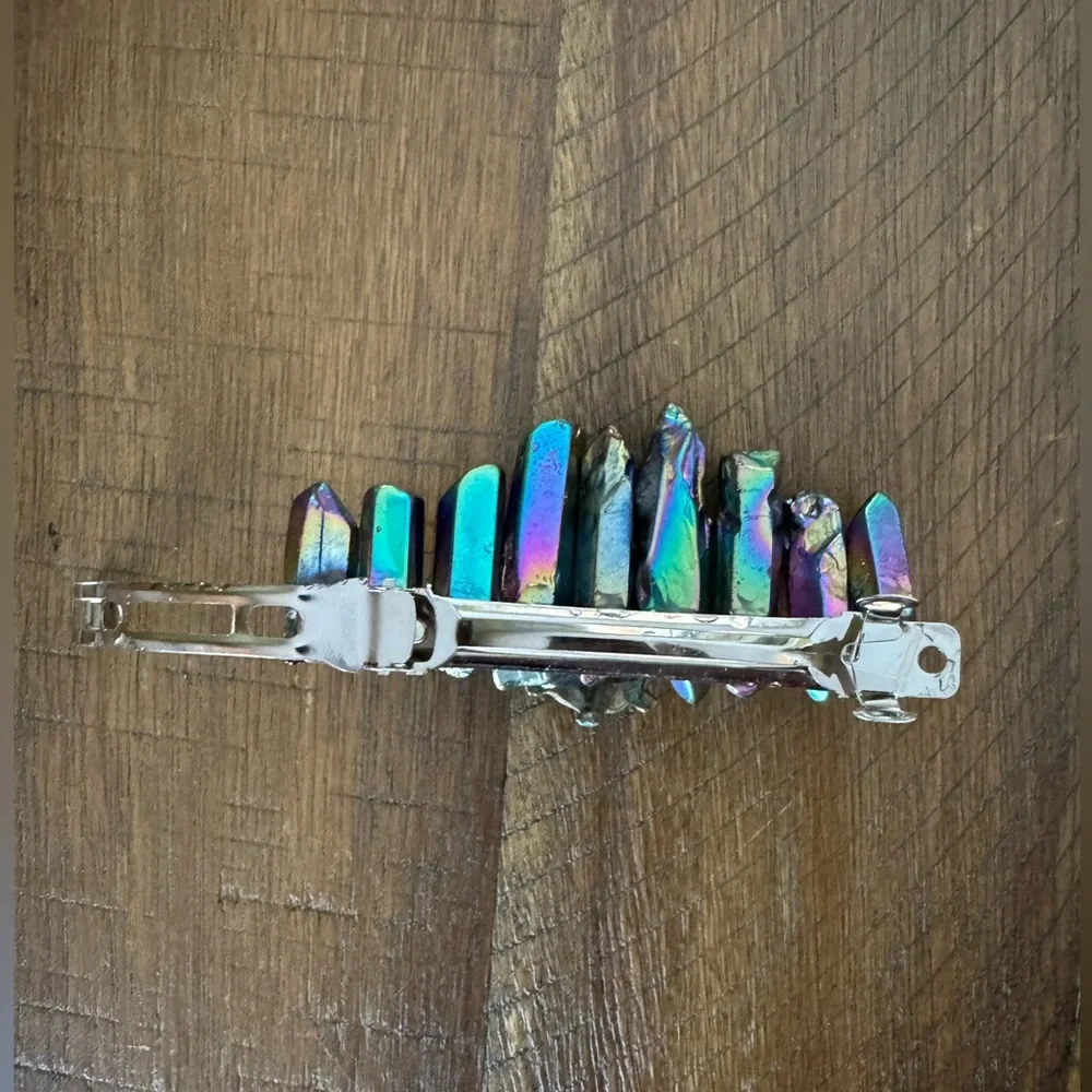 Titanium Rainbow Aura Quartz with Patina Bat Handmade Hair Clip - Picture 5 of 5